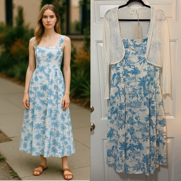 Joie Dresses & Skirts - NWT JOIE Dress Shrug Set Blue White Palm-print Toile Linen Cotton Dress Size 12
